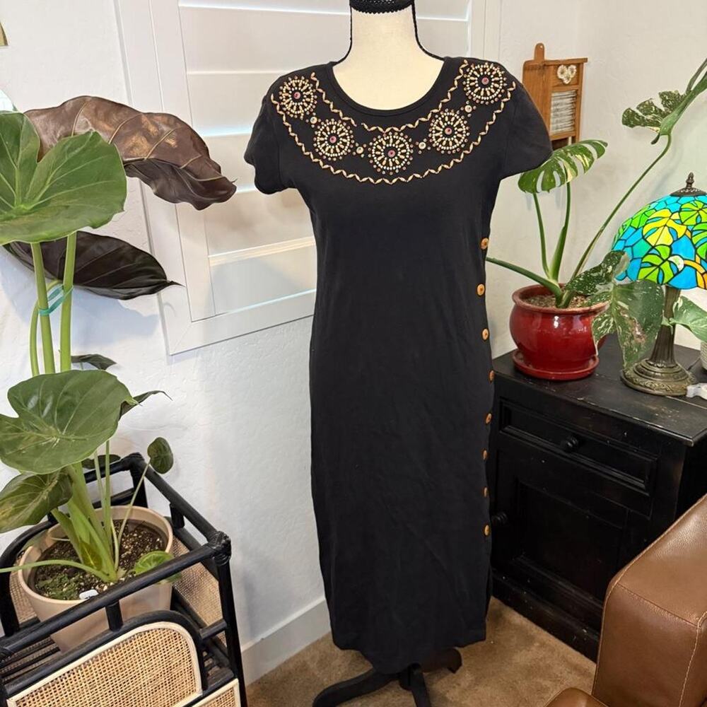 Vintage Y2K Liz Claiborne Black Beaded Southwest Boho Cotton Maxi Dress Petite S